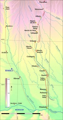 Figure 2. The Limes Transalutanus south of the Argeş River. Legend as in Figure 1, with dotted lines as uncertain routes. Classification of the limes segments–lines in transparency: red = continuous dyke; blue = ripa (river frontier); green = irregular border.